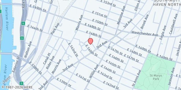 Map showing Missionaries of Charity - Catholic Charities at 344 East 146th Street, Mott Haven, NY