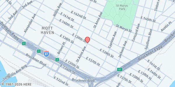 Map showing St. Ann's Corner of Harm Reduction - 139th St. and St. Ann's Ave Mobile Food Pantry at 555 East 139th Street, Mott Haven, NY