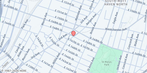Map showing St. Ann's Corner of Harm Reduction - 148th St. & Bergen Ave Mobile Food Pantry at 404 East 148th Street, Mott Haven, NY