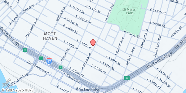 Map showing St. Benedict the Moor at 283 Saint Ann's Avenue, Mott Haven, NY