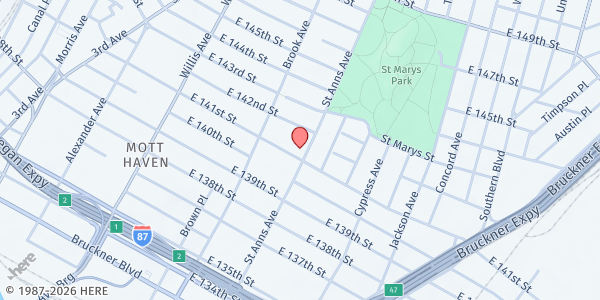 Map showing Thessalonica Christian Church at 313 Saint Ann's Avenue, Mott Haven, NY