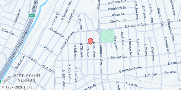 Map showing COMMUNITY SERVICE ASSOCIATES HOT MEAL PROGRAMS - Mount Vernon at 144 N. 5TH AVENUE, MOUNT VERNON, NY
