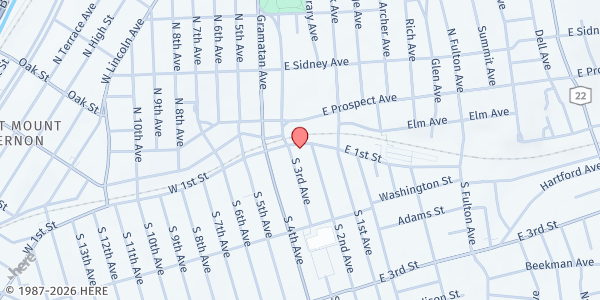 Map showing MOUNT VERNON WESTCOP COMMUNITY ACTION PROGRAM FOOD PANTRY at 28 EAST FIRST STREET, MOUNT VERNON, NY