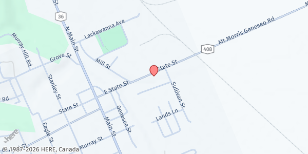 Map showing Mt. Morris Food Pantry at 34 East State St, Mt. Morris, NY