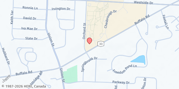 Map showing Pearce Memorial Food Cupboard at 4322 Buffalo Road, N. Chili, NY