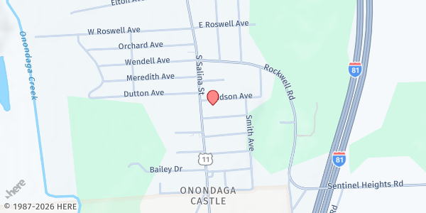 Map showing Manna from God Food Pantry at 104 Hudson Ave., Nedrow, NY