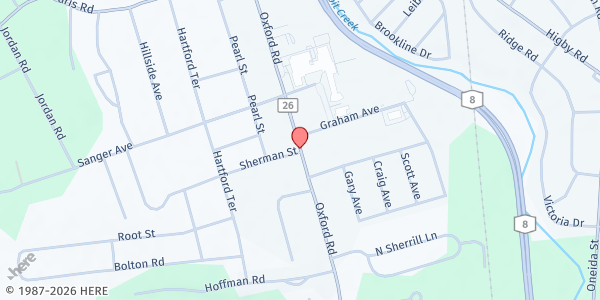 Map showing Angels Among Us Food Pantry at 66 Oxford Road, New Hartford, NY