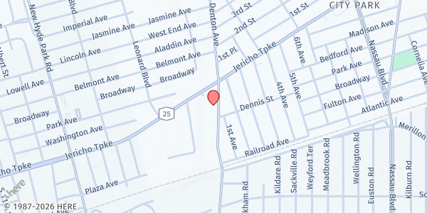 Map showing B&F Johnstone Supply at 11 Denton Avenue South, New Hyde Park, NY