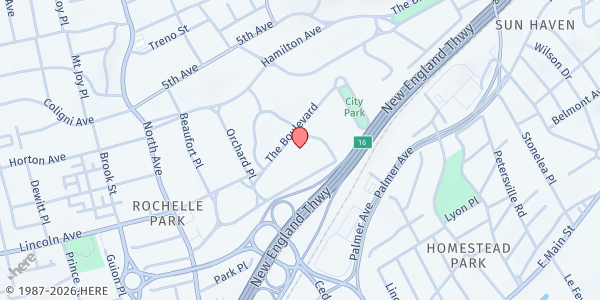 Map showing CHURCH OF GOD OF PROPHECY PROJECT HOPE FOOD PANTRY at 19 THE BLVD., NEW ROCHELLE, NY