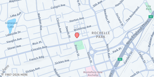 Map showing NEW ROCHELLE COMMUNITY ACTION PROGRAM FOOD PANTRY at 95 Lincoln Avenue, NEW ROCHELLE, NY