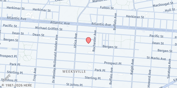 Map showing Berean Baptist Church at 118 Rochester Ave, New York, NY