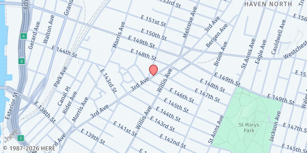 Map showing Mercy Center at 377 E 145th St, New York, NY