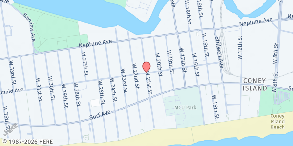 Map showing Mermaid Ave & W 21st St at Mermaid Ave & W 21st St, New York, NY