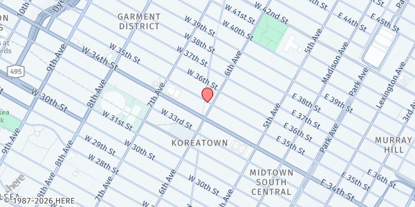 Map showing Muslims Giving Back Soup Kitchen at 102 West 35th Street, New York, NY