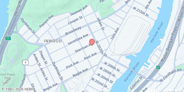Map showing Nuevo Siglo Social Adult Day Center at 213 SHERMAN AVENUE, New York, NY