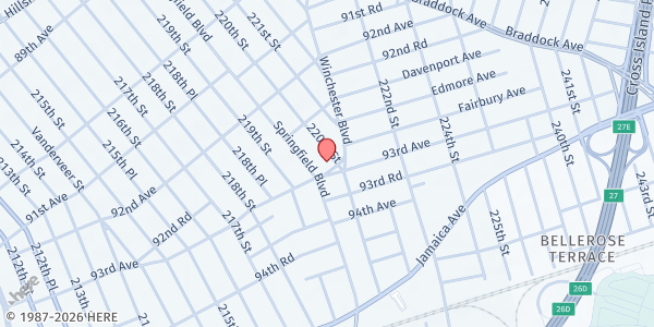 Map showing Our Lady of Lourdes Outreach at 92-96 220th Street, New York, NY