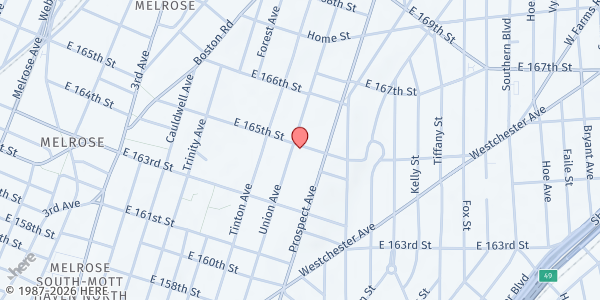 Map showing POWERRAIN PENTECOSTAL INTERNATIONAL MINISTRIES, INC at 816 EAST 165TH STREET, New York, NY