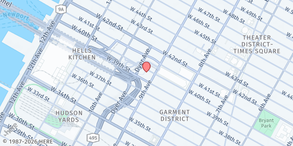 Map showing Rauschenbusch Metro Ministries at 410 West 40th Street, New York, NY