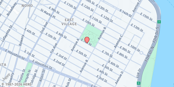 Map showing Tompkins Square Park at Avenue A & E 10th Street, New York, NY