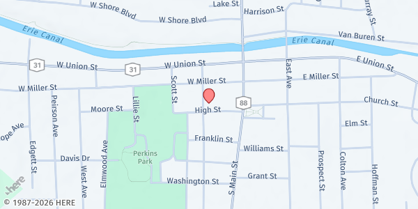 Map showing Newark Public Library Food Pantry at 121 High Street, Newark, NY