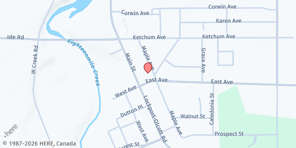 Map showing FIRST BAPTIST CHURCH OF NEWFANE FOOD PANTRY at 6047 EAST AVENUE, NEWFANE, NY