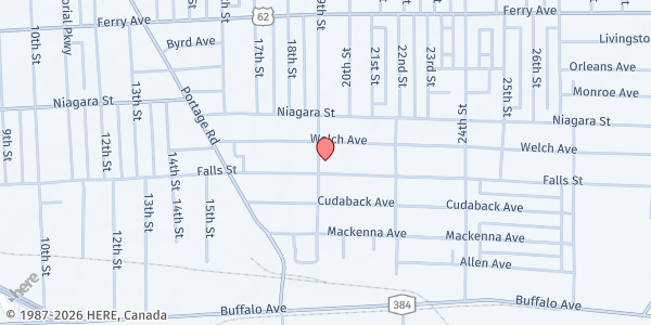 Map showing Magdalene Project Soup Kitchen - Food Distribution Center at 1910 Falls St, Niagara Falls, NY
