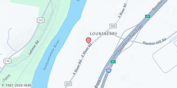 Map showing Lounsberry Food Pantry at 3586 E. River Rd, Nichols, NY