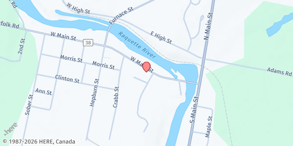 Map showing Norfolk Raymondville Food Pantry at 9 West Main Street, Norfolk, NY