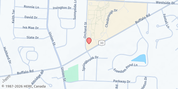 Map showing Pearce Memorial Food Cupboard at 4322 Buffalo Road, North Chili, NY