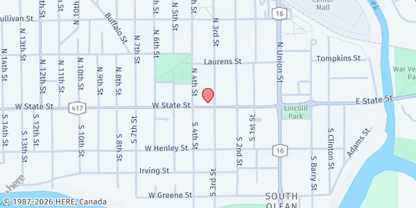 Map showing Harvest Field Ministries at 406 W State St, Olean, NY