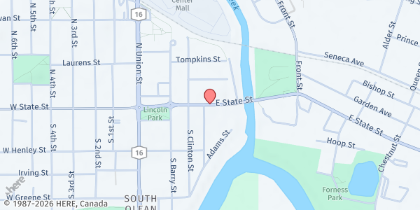 Map showing HARVEST FIELD OUTREACH CENTER at 406 W.STATE STREET, OLEAN, NY