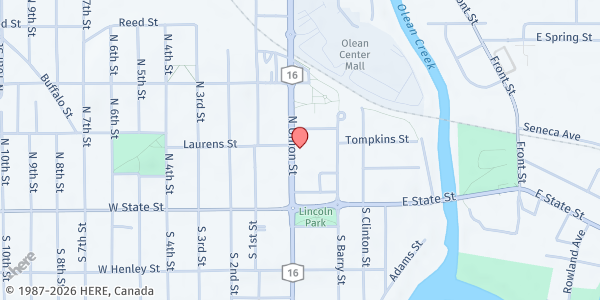 Map showing THE WARMING HOUSE - ST BONAVENTURE at 164 NORTH UNION STREET, OLEAN, NY