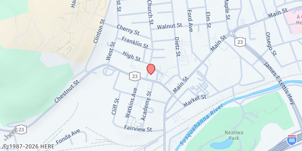 Map showing First United Methodist Church at 66 Chestnut St, Oneonta, NY