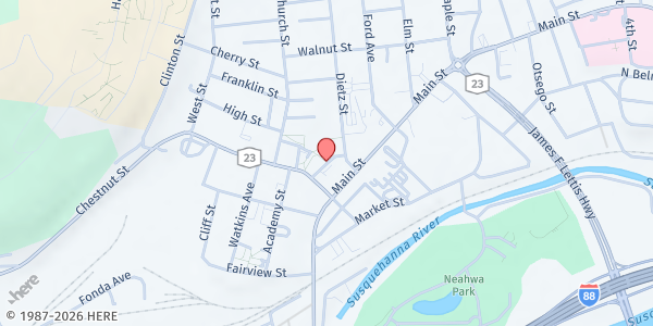 Map showing Oneonta Public Market - Huntington Park at Wall Street, Oneonta, NY