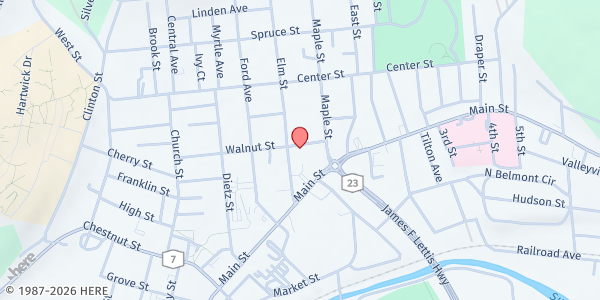 Map showing St. Mary's Church Food Pantry at 38 Walnut St, Oneonta, NY