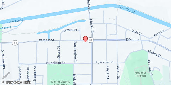 Map showing Palmyra Macedon Food Pantry at 120 West Main Street, Palmyra, NY