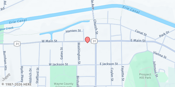 Map showing Palmyra Macedon Food Pantry at 120 East Main Street, Palmyra, NY