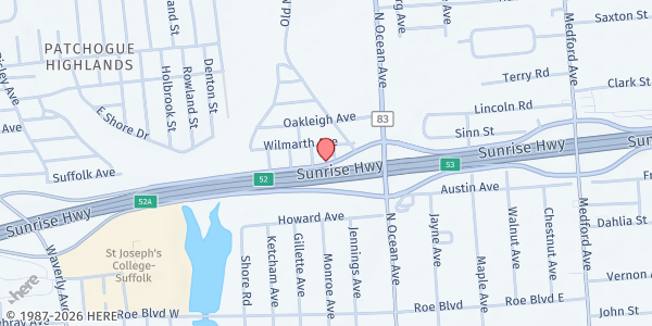 Map showing Patchogue COC/The Tabitha Food Pantry at 295 Sunrise N., Patchogue, NY