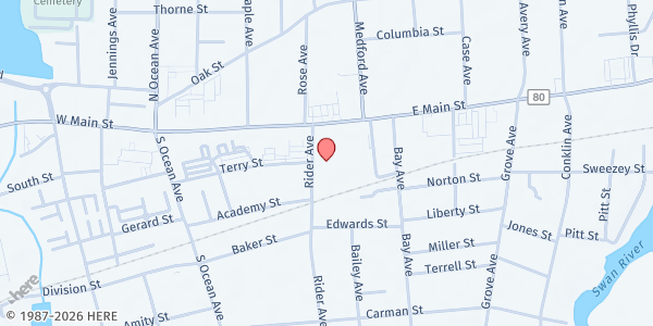 Map showing St. Paul’s Emergency Food Pantry at 27 Rider Ave, Patchogue, NY