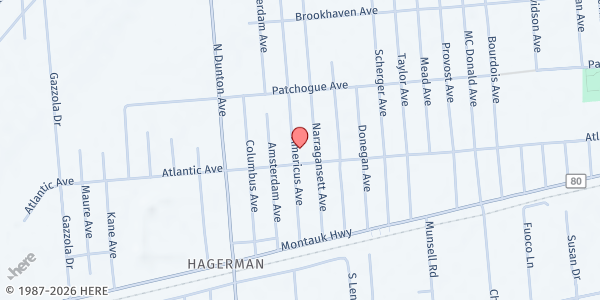 Map showing The Patchogue Neighbors Soup Kitchens, Inc. at 510 Narragansett Avenue East, Patchogue, NY