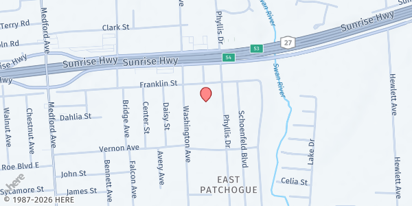 Map showing World Outreach Church of God at 249 Washington Avenue, Patchogue, NY