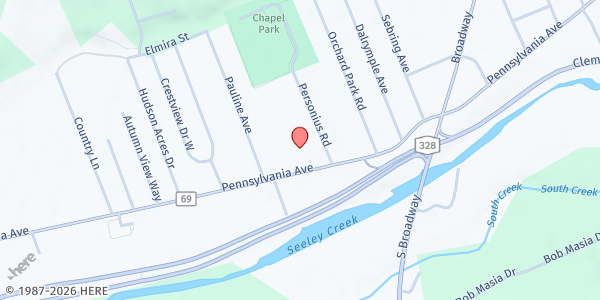 Map showing Pennsylvania Ave United Methodist Church - Food Distribution Center at 1238 Penna Ave, Pine City, NY