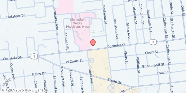 Map showing Alliance for Positive Health - Plattsburgh at 202 Cornelia Street, Plattsburgh, NY