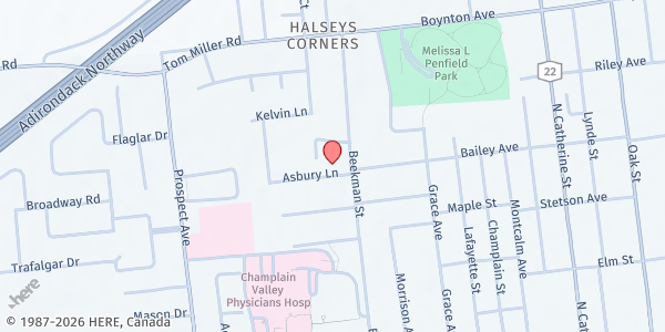 Map showing Plattsburgh Interfaith Food Shelf at 127 Beekman St, Plattsburgh, NY