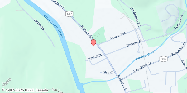 Map showing Portville Community Food Pantry - Food Distribution Center at 19 N Main St, Portville, NY