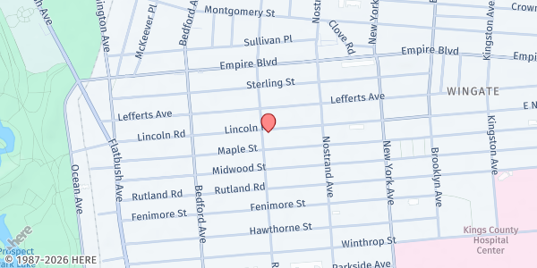 Map showing Jesus of Nazareth Christian Food Pantry at 455 Rogers Avenue, Prospect Lefferts Gardens, NY