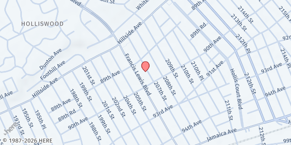 Map showing Church of the Incarnation Food Pantry at 89-28 207th Street, Queens Village, NY