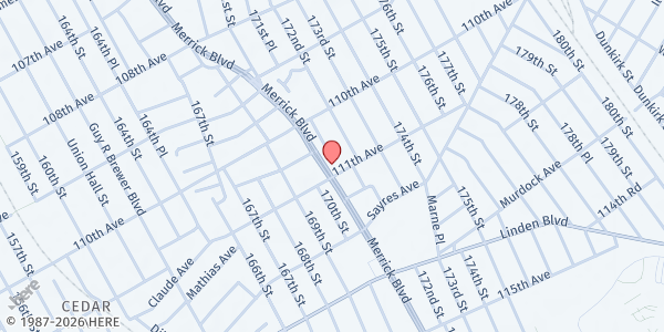 Map showing Allen Outreach Ministry Church at 110-31 MERRICK BLVD, Queens, NY