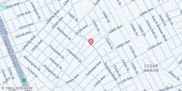 Map showing CHRIST APOSTOLIC CHURCH OF AMERICA, INC at 108-02 SUTPHIN BLVD, Queens, NY