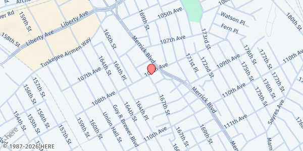 Map showing Community Church of Christ Food Pantry at 167-04 108TH AVENUE, Queens, NY